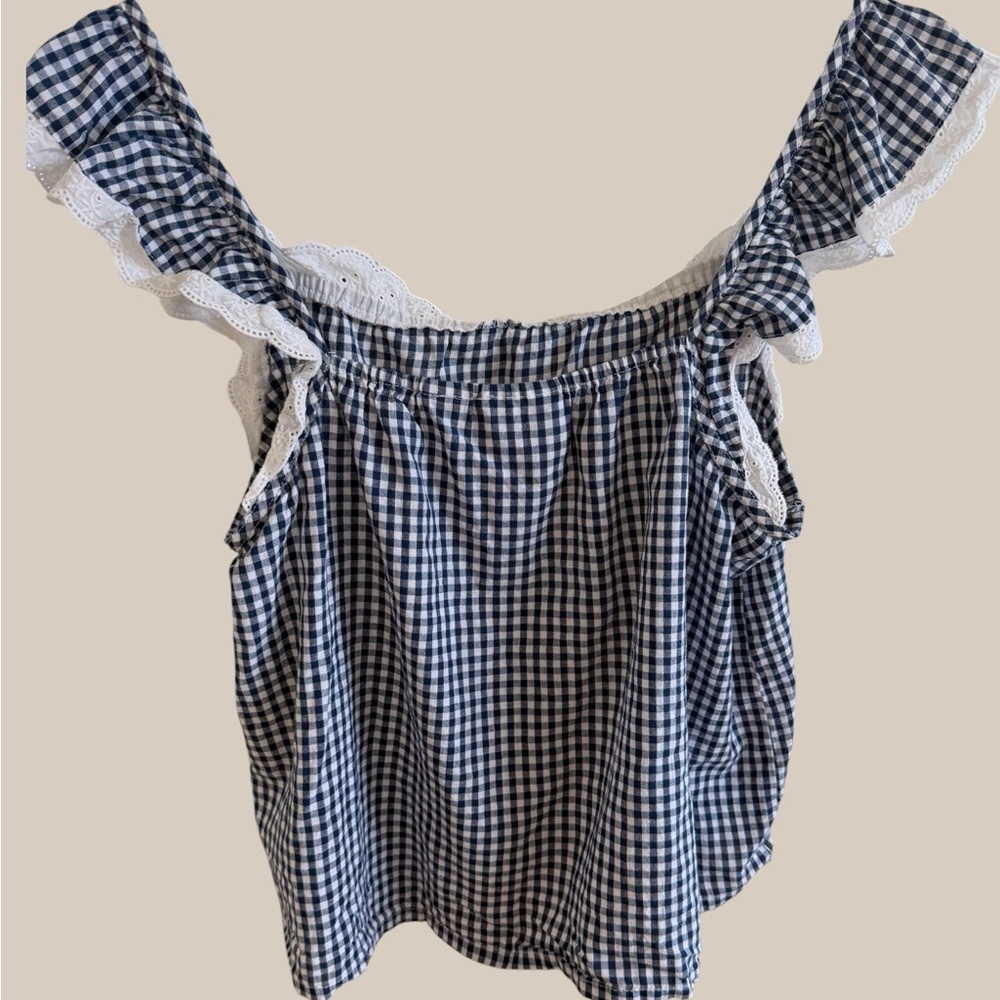 Caroline Constas Navy Gingham Ruffle-Trim Babydoll Top - Picture 2 of 4
